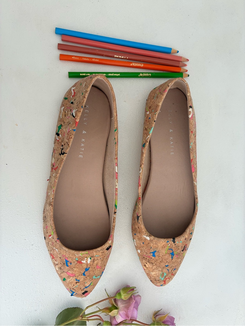 Kelly & Katie unique Cork Pointed Flats with Colorful Specks